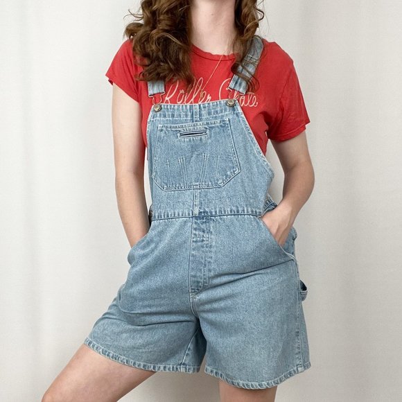 Vintage Oversized Rigid Denim High Rise Straight Leg Jean Romper Overall Shorts - Picture 10 of 10